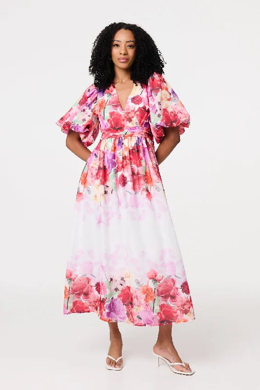 Shop Our Looks Floral Print 1/2 Angel Sleeve Midi Dress