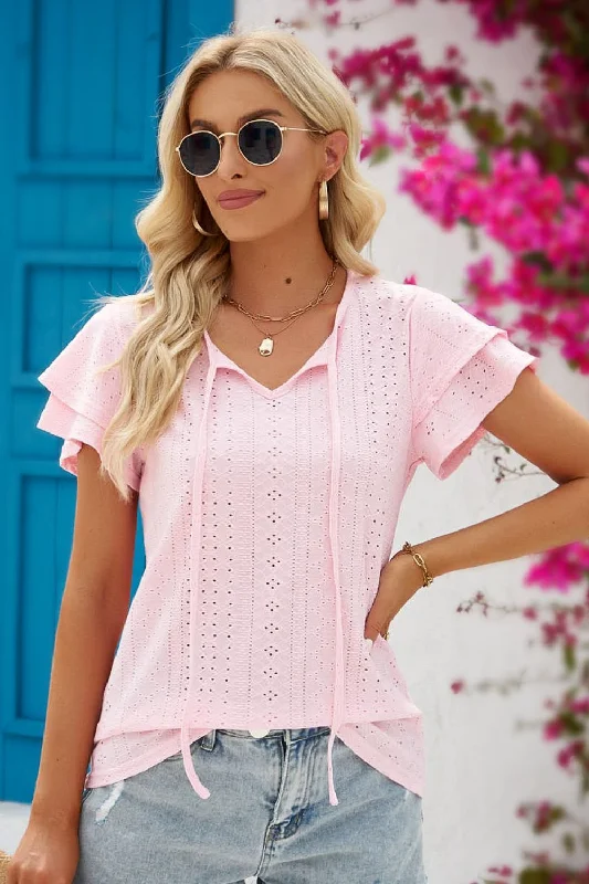 Women Online Clothing Boutiques Eyelet Tie-Neck Flutter Sleeve Blouse