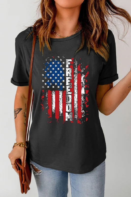 Woman Clothing FREEDOM US Flag Graphic Round Neck Tee