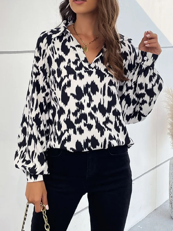 Latest Trends Printed Johnny Collar Lantern Sleeve Top