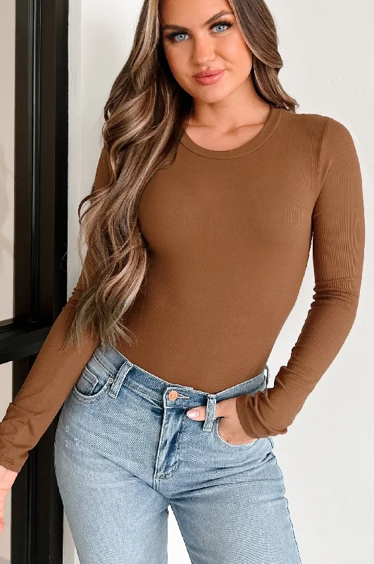 Clothes Woman Simple Yet Practical Ribbed Long Sleeve Bodysuit (Toffee)