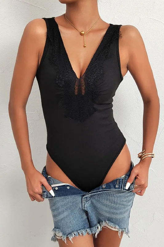 You'Ll Love Us Because Spliced Lace Deep V Sleeveless Bodysuit