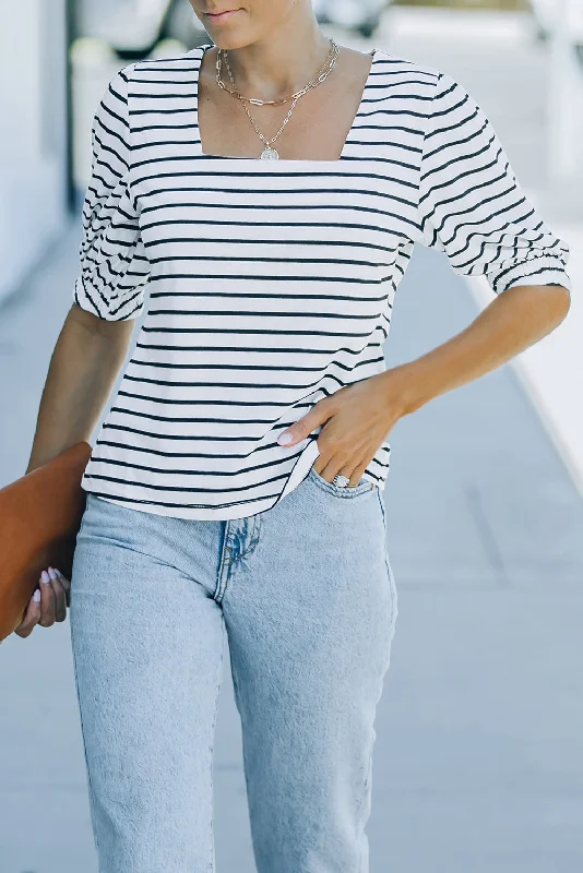 Fashion Essentials Striped Half Puff Sleeve Square Neck T-Shirt