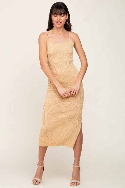 Clothes Woman Beige Ribbed Knit Side Slit Midi Dress