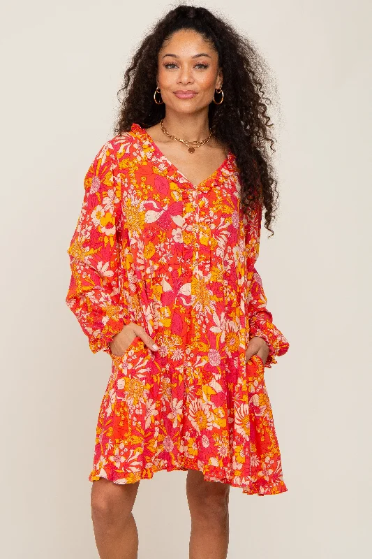 Daily Deals Coral Floral Button Front Ruffle Accent Dress