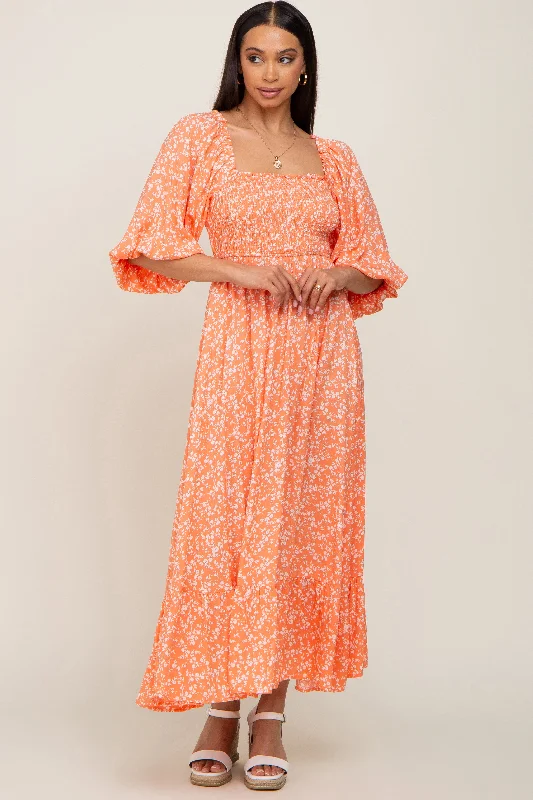 Seasonal Clearance Coral Floral Smocked Tie Back Midi Dress