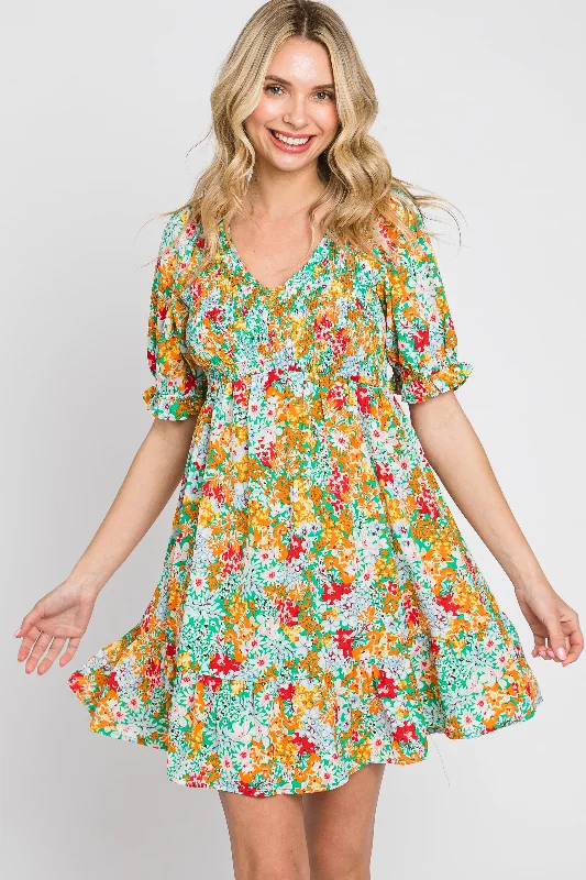 Stylish Dresses for Women Green Floral Smocked Puff Sleeve Dress