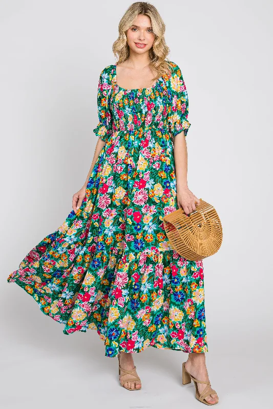 Comfortable Casual Wear Green Floral Smocked Puff Sleeve Maxi Dress