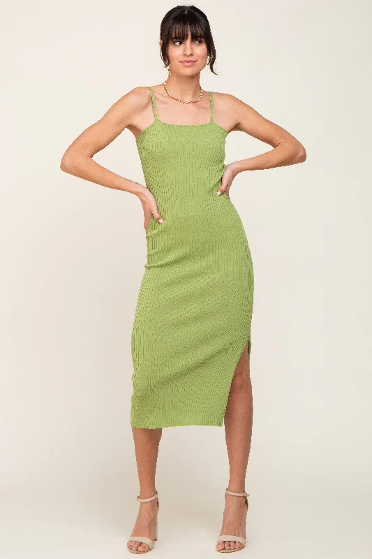 Premium Fabrics Light Olive Ribbed Knit Side Slit Midi Dress