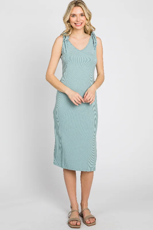 Trendy Aesthetics Mint Green Ribbed Shoulder Tie Midi Dress