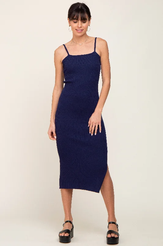 Women's Online Clothing Boutique Navy Ribbed Knit Side Slit Midi Dress