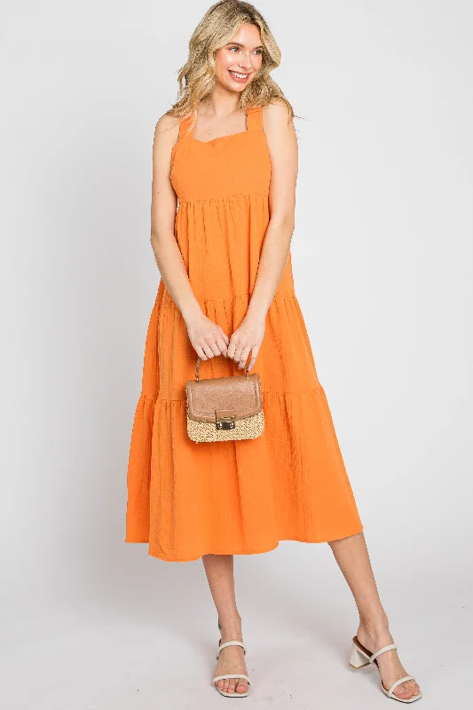 Affordable Women's Clothing Online Neon Orange Tiered Crisscross Strap Midi Dress