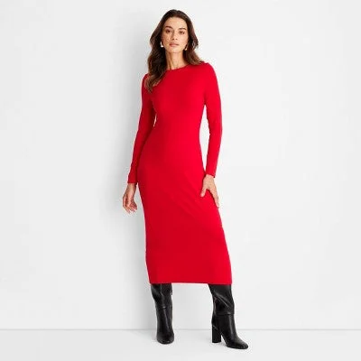 Stylish Statements New - Women's Long Sleeve Ribbed Midi Bodycon Dress - A New Day Burgundy M