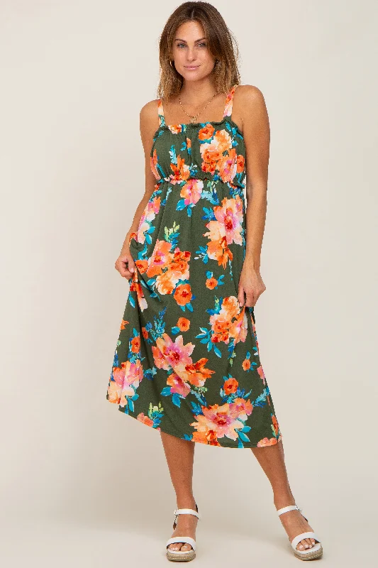 Attire Sale Olive Floral Square Neck Ruffle Midi Dress