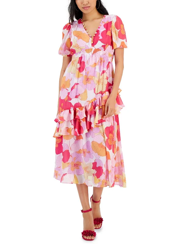 Dive Into Trendy Styles Petites Womens Daytime Cascade Ruffle Midi Dress