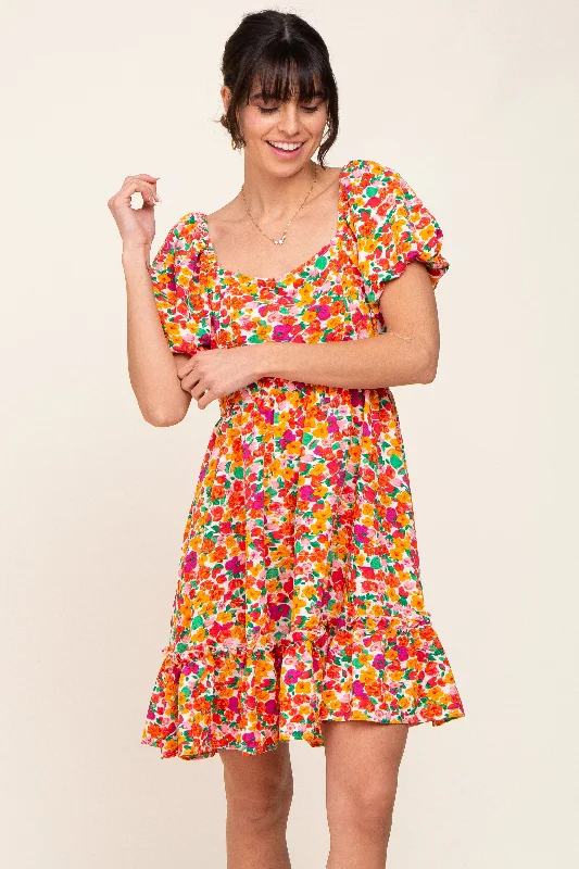 Trend Alert Pink Floral Square Neck Short Puff Sleeve Dress