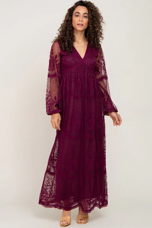 Signature Style Essentials PinkBlush Burgundy Lace Mesh Overlay Long Sleeve Maxi Dress