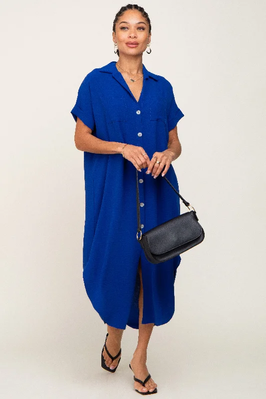 Innovate Your Wardrobe Royal Blue Button Down Hi Low Maxi Dress