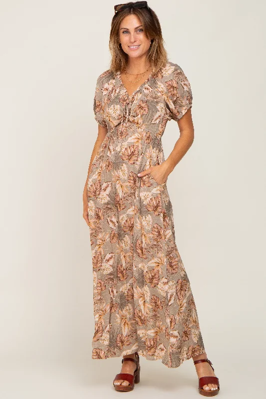 Women's Stylish Outerwear Taupe Leaf Print Cinched Accent Maxi Dress