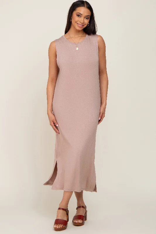 Limited Stock, Big Discounts Taupe Sleeveless Side Slit Midi Dress