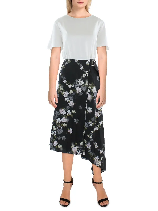 Holiday Glam Womens Floral Belted Midi Dress