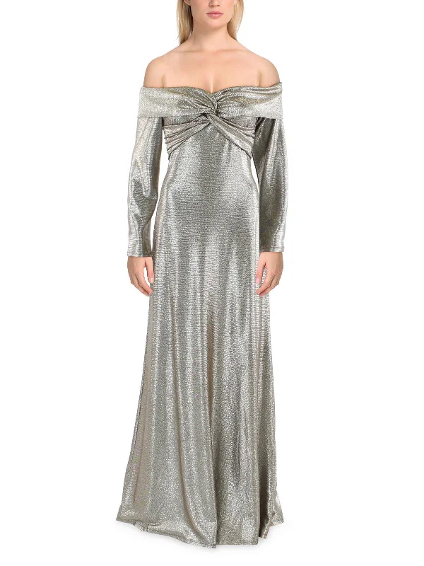 Effortless Chic Apparel Womens Metallic Off-The-Shoulder Evening Dress