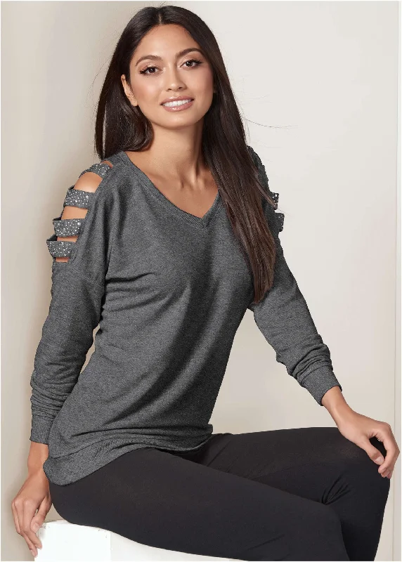 Season Appropriate Women's Collection Stud Embellished Sweatshirt - Dark Heather Grey