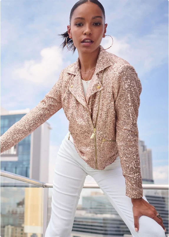 Women's Fashion Hotspots Sequin Moto Jacket - Rose Gold