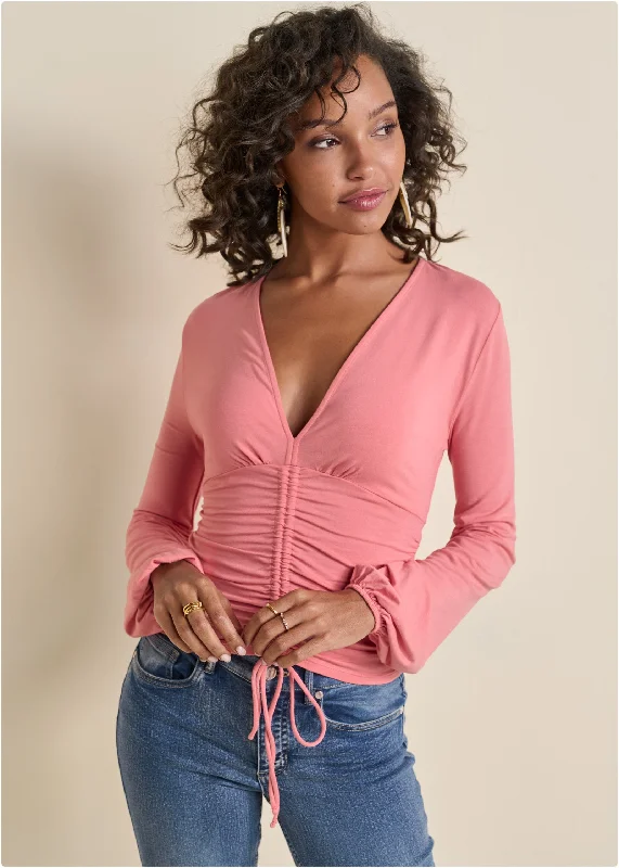 Casual Fashion Trends for Women Ruched V-Neck Top - Coral