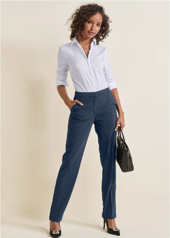 Comfortable Casual Women's Clothing High-Rise Straight Trousers - Navy