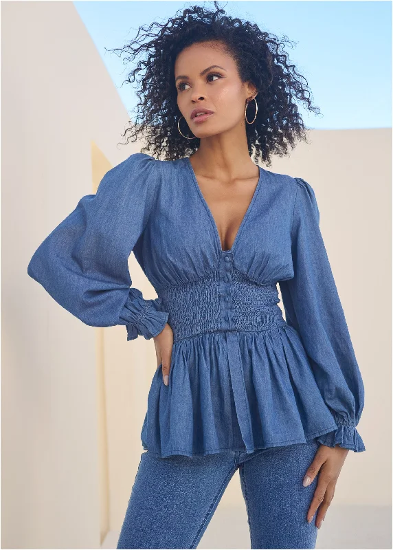 Absurdly Cheap Sale Smocked Waist Chambray Top - Medium Wash