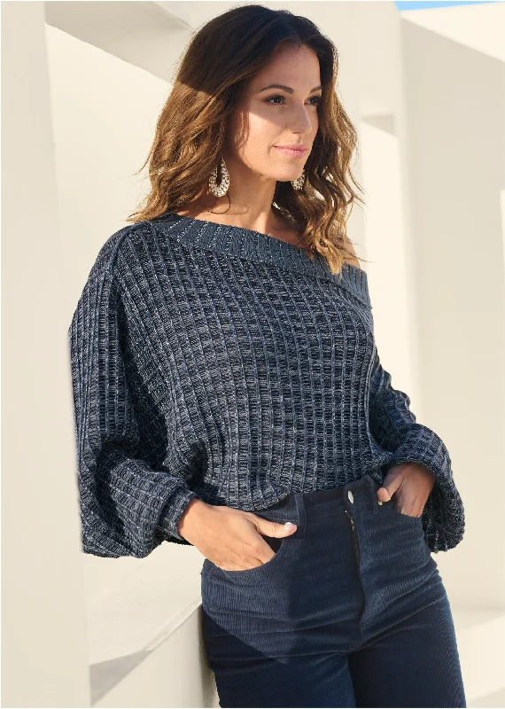 Trendy Women's Apparel Off-The-Shoulder Sweater - Navy & White