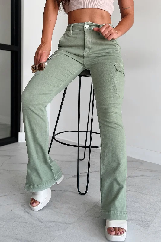 Pastel Styles Indiana High Rise Split Hem Cargo Bootcut Jeans (Sage)