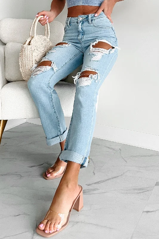 Current Trends Sabrina High Rise Distressed Boyfriend Jeans (Light Wash)