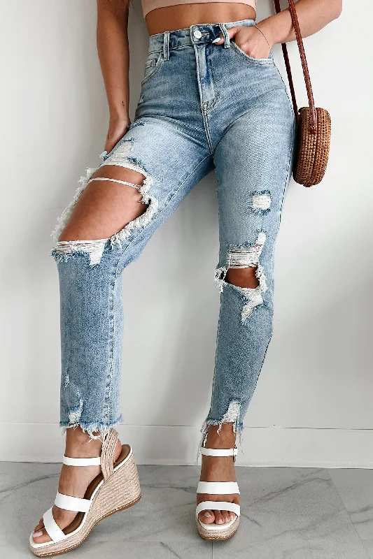 Timeless Elegance Zaida High Rise Distressed Risen Slim Straight Jeans (Light)